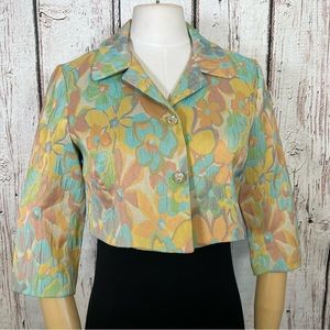 Wendy Hil Cropped Floral Jacquard Tapestry Rhinestone Blazer Jacket Shrug Size 4